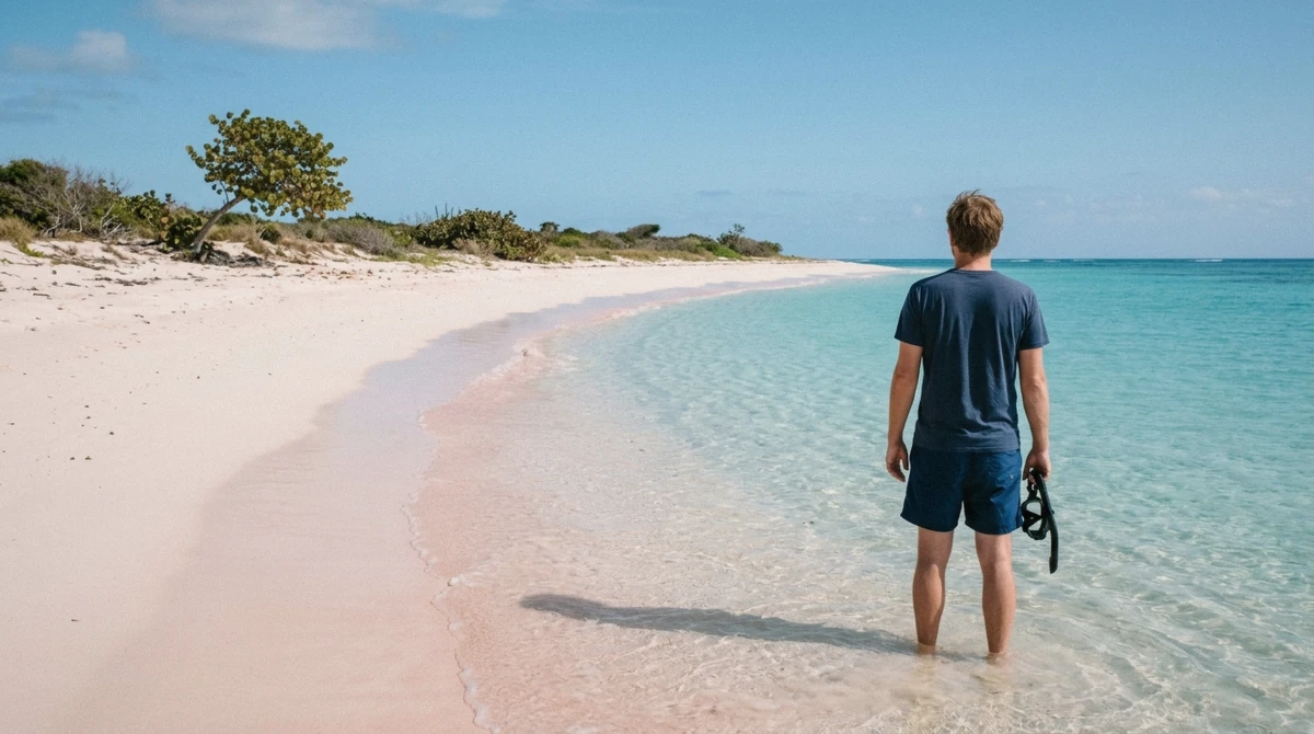 Pale pink sand and shallow turquoise water on Barbuda, a day-trip destination for snorkeling in Antigua and Barbuda