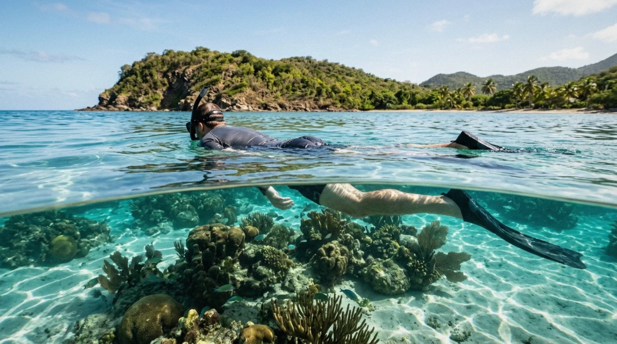 Shallow coral reef and clear water at Galleon Beach, one of the best snorkeling spots in Antigua reachable from the sand